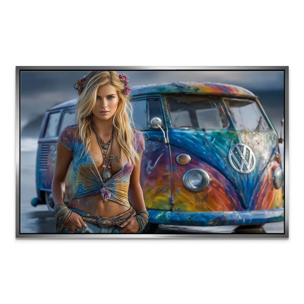 Woman portrait and car theme in eclectic boho decor style.