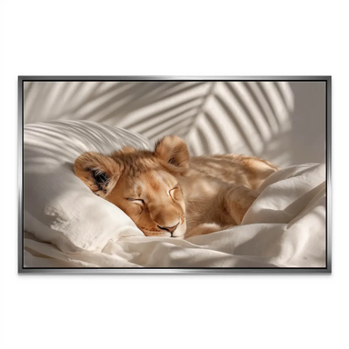Bedroom wall art featuring a sleeping lion cub in soft whites