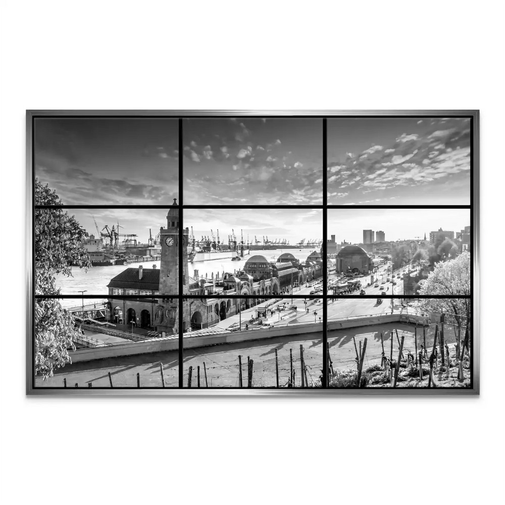 Dramatic, cloud-filled sky above a minimalist cityscape in monochrome.