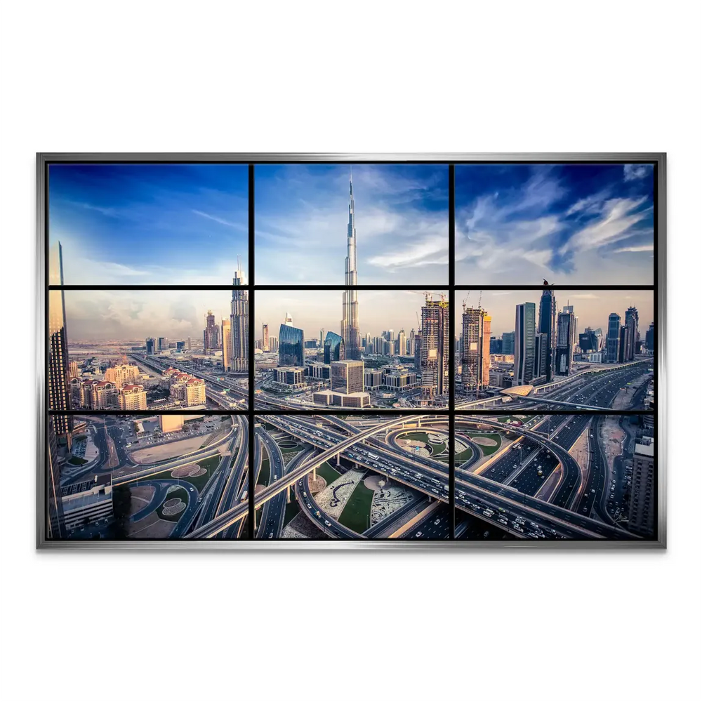 Contemporary grid-style composition of Dubai's skyline emphasizing architectural complexity.