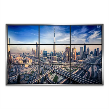 Contemporary grid-style composition of Dubai's skyline emphasizing architectural complexity.