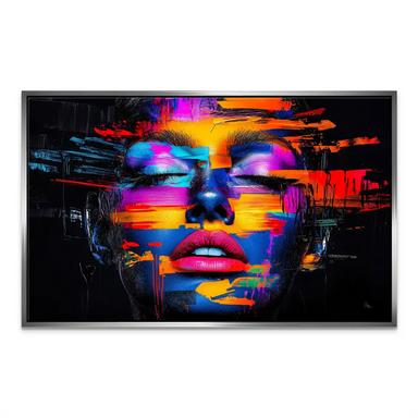 Horizontal neon portrait on canvas with energetic color blocks and modern pop art vibes.