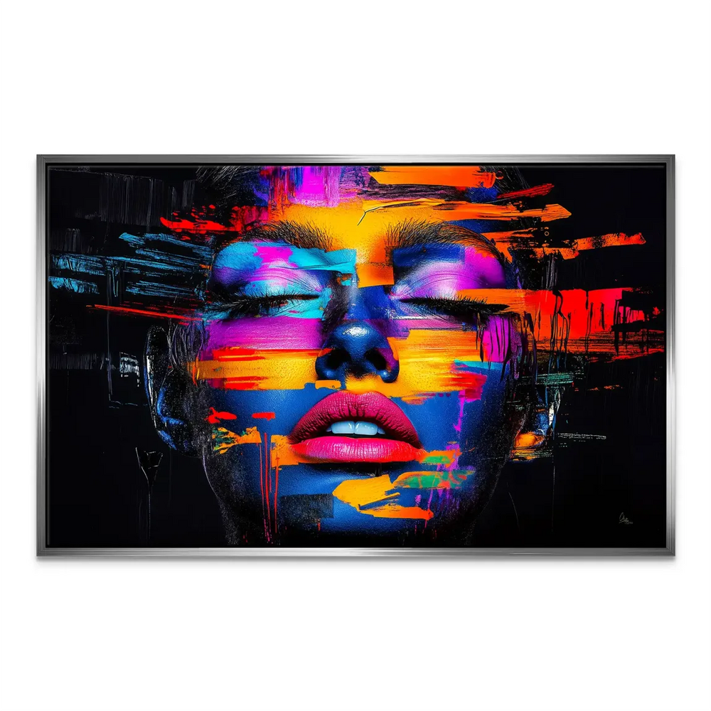 Horizontal neon portrait on canvas with energetic color blocks and modern pop art vibes.