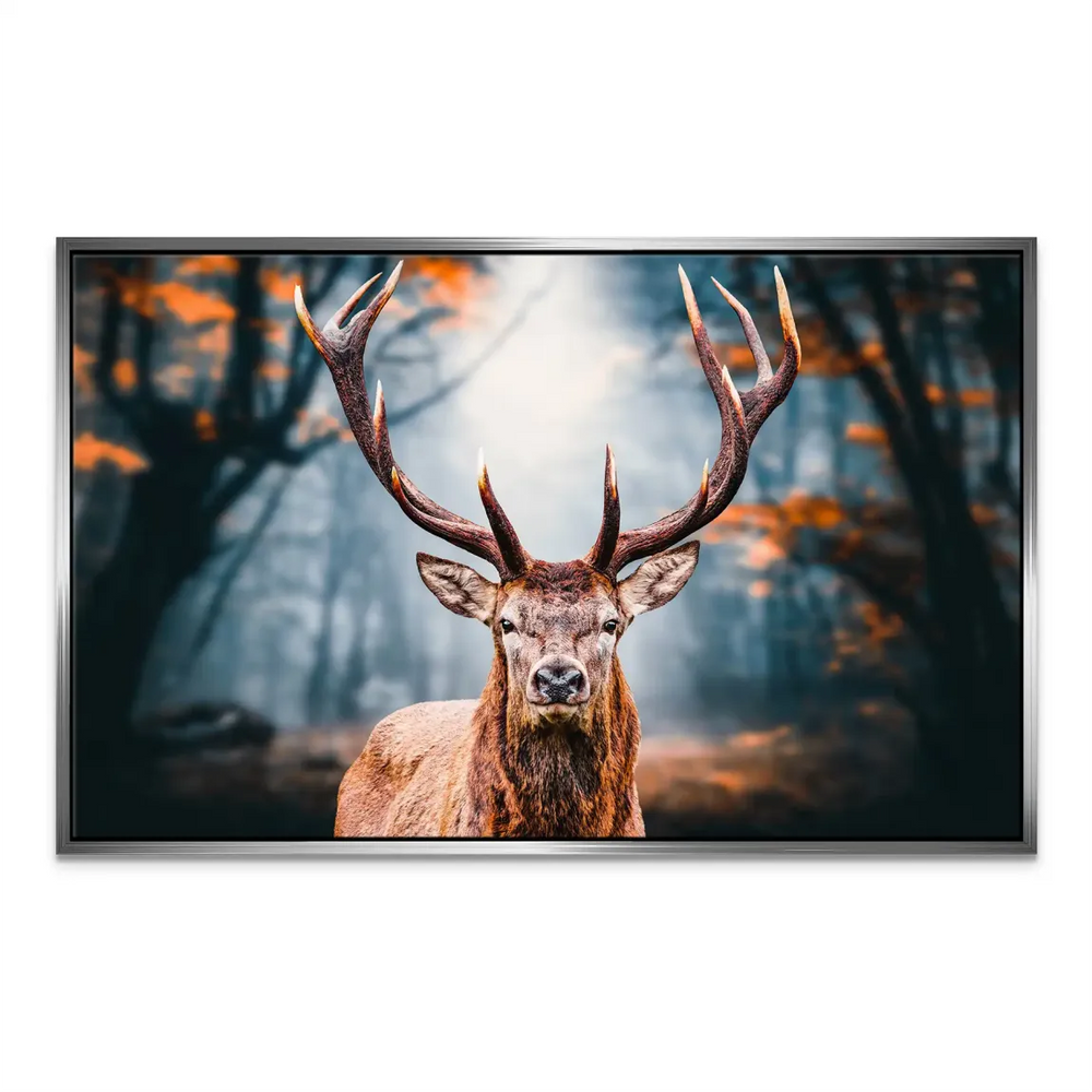 Landscape-format canvas art of a graceful deer in a serene forest setting