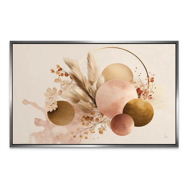 Neutral-toned boho artwork with delicate botanical elements and a graceful golden accent ring.