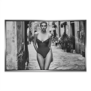 Sophisticated grayscale wall art featuring a woman and a European street scene.