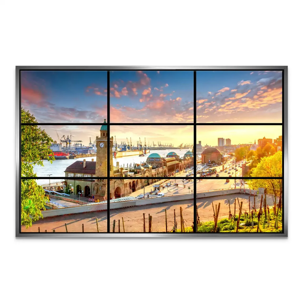 Contemporary Hamburg city view canvas art with sunset sky and harbor.