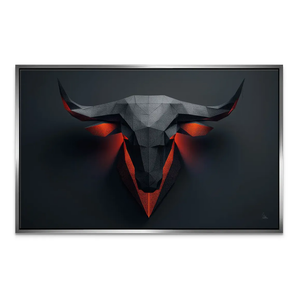 Modern bull head wall art with angular facets and dark tones