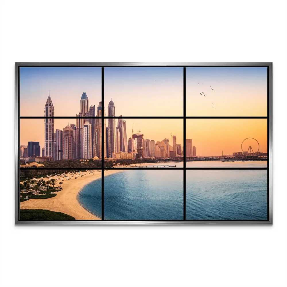 Panel 6: Cityscape and sea merge in a contemporary landscape with rich yellows and blues