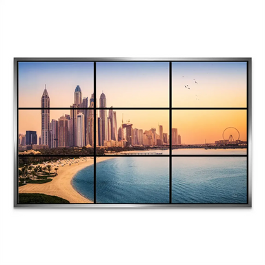 Panel 6: Cityscape and sea merge in a contemporary landscape with rich yellows and blues