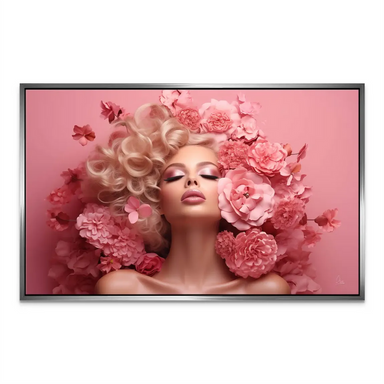 Contemporary wall art blending fashion photography and floral opulence with a calm, dreamy mood.