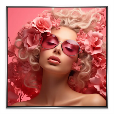 Blonde hair and pink flowers blend with abstract artwork on a square canvas.