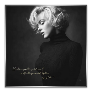 Classic Marilyn Monroe canvas print with black-and-white tones and script text