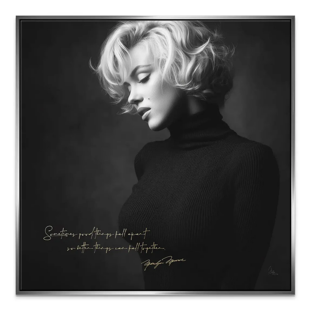 Classic Marilyn Monroe canvas print with black-and-white tones and script text