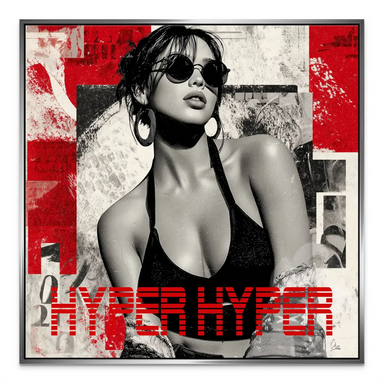 Dynamic red, black, and off-white color palette on a square-format canvas