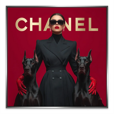 Square-format canvas featuring a woman portrait and canine guardians.