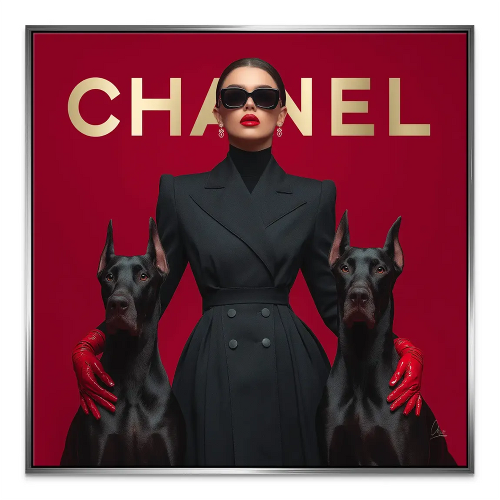 Square-format canvas featuring a woman portrait and canine guardians.