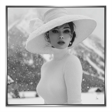 Celebrity/icon style portrait wall art in black and white with a wintry background