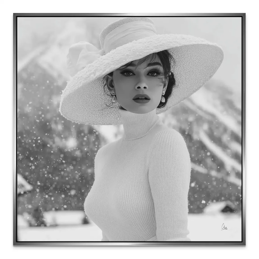 Celebrity/icon style portrait wall art in black and white with a wintry background