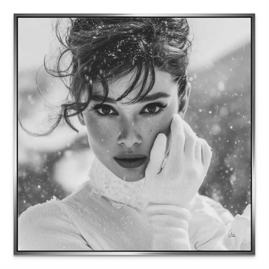 Square-format canvas print of a sophisticated female portrait in winter