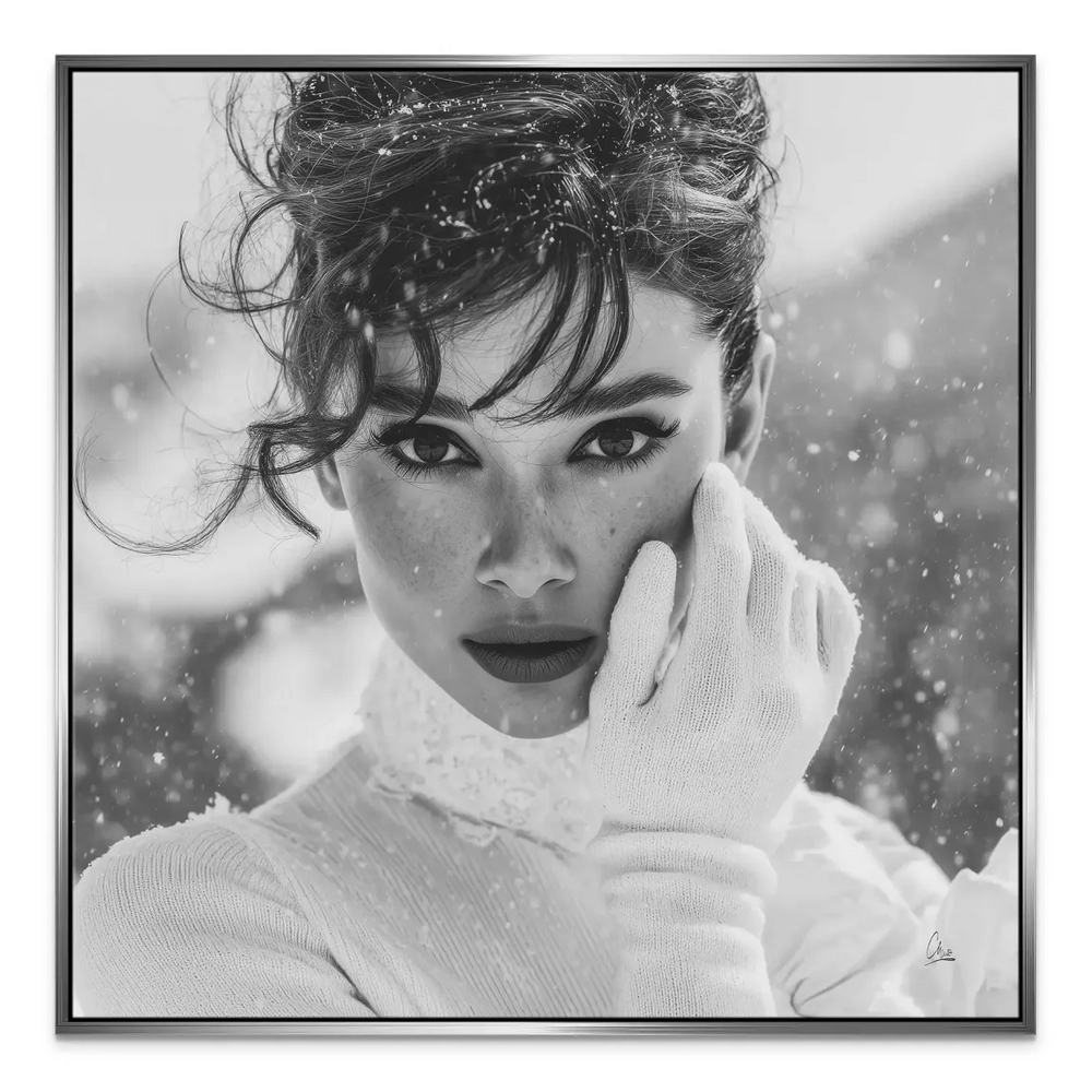 Square-format canvas print of a sophisticated female portrait in winter