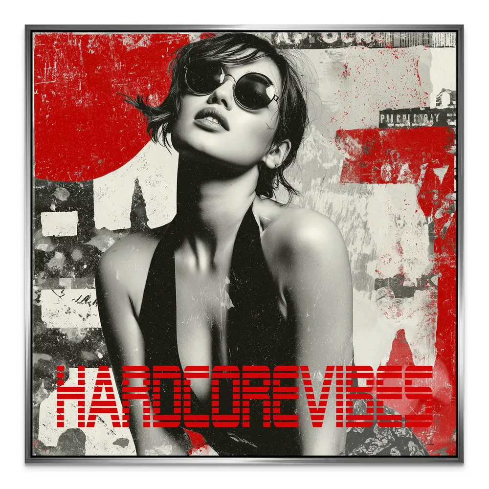 Prominent red HARDCORE VIBES typography at the bottom of the piece