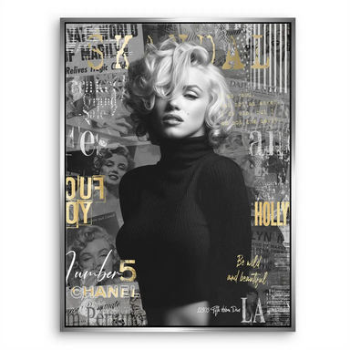 Monroe-inspired wall art in black and white with golden typography