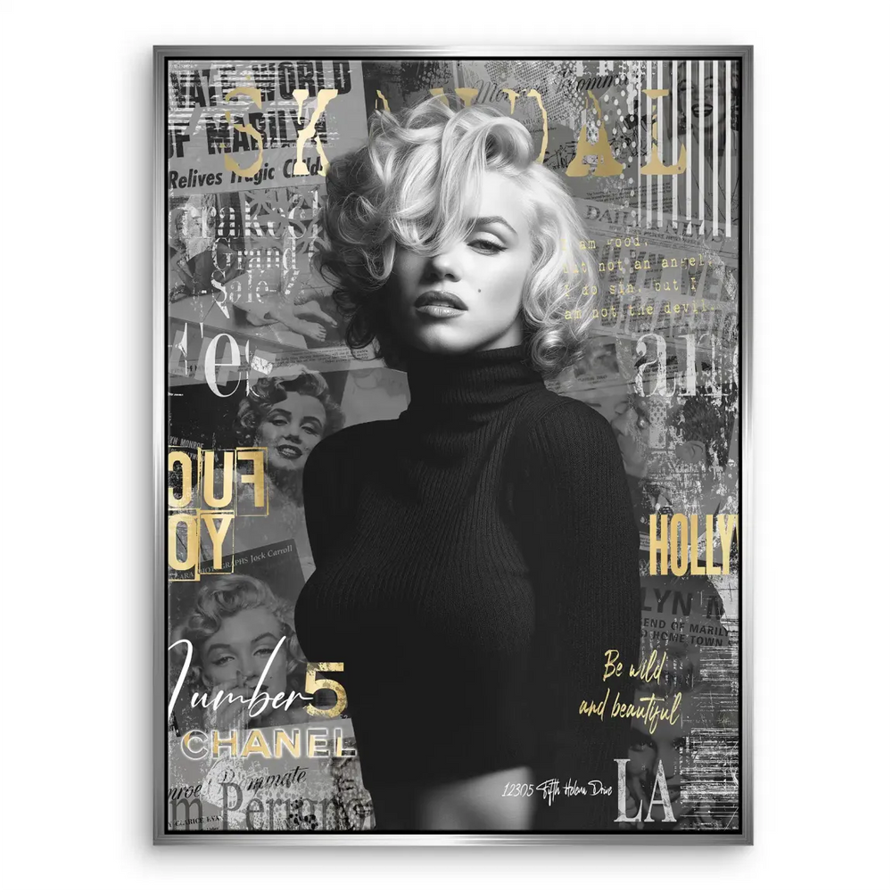 Monroe-inspired wall art in black and white with golden typography