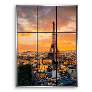 Evening Paris skyline showing river and landmark silhouettes under a sunset