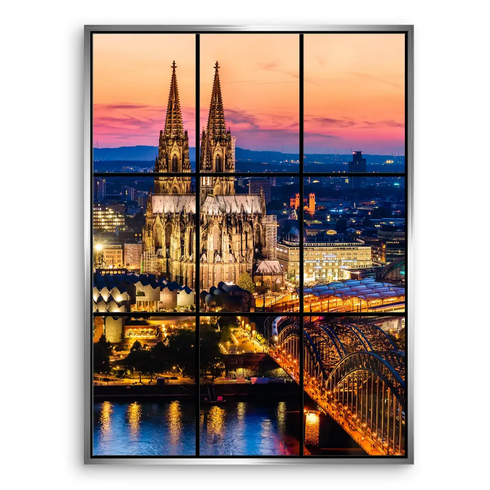 Rightmost panel focuses on the illuminated skyline and cathedral in a serene, urban night scene