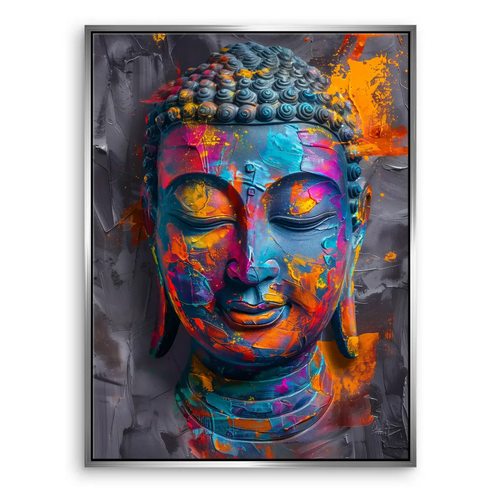 Buddha wall art in a bright Pop Art color palette for meditation spaces