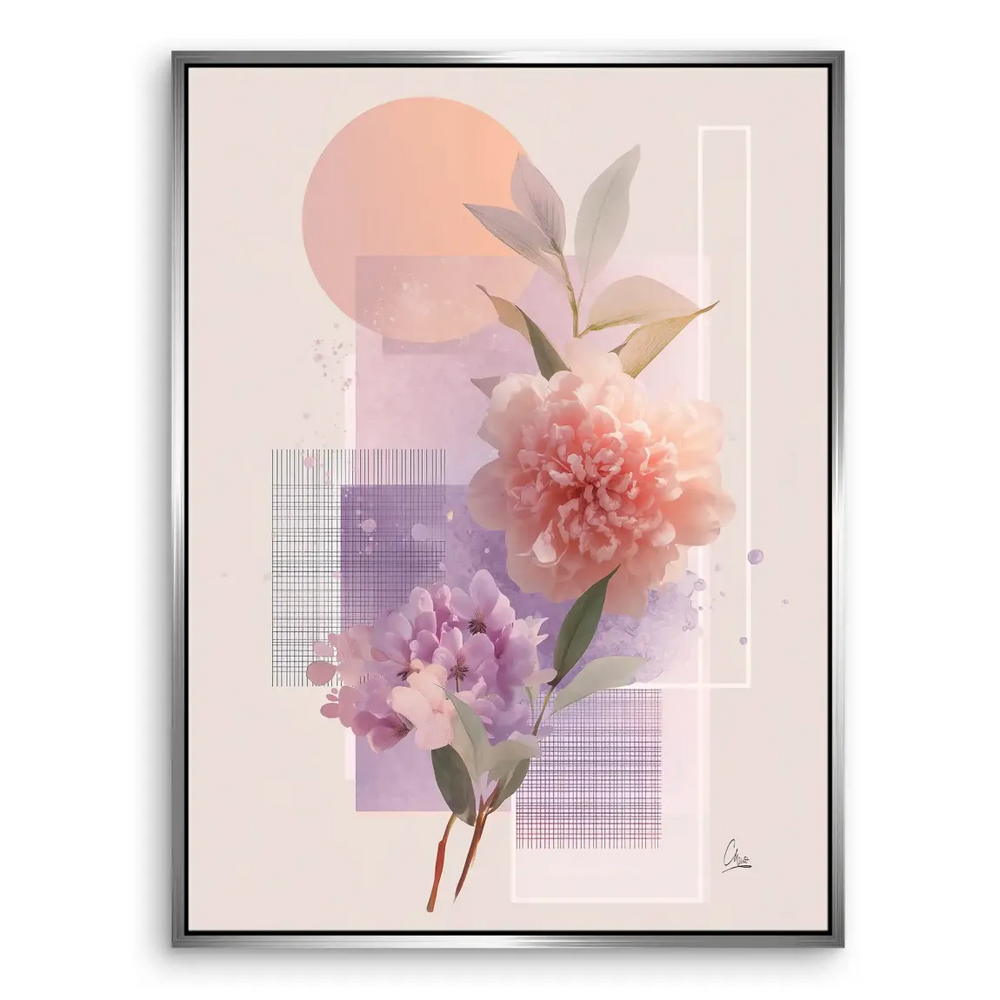 Calming wall art composition featuring abstract flowers and geometric accents in peach, pink, and lavender.