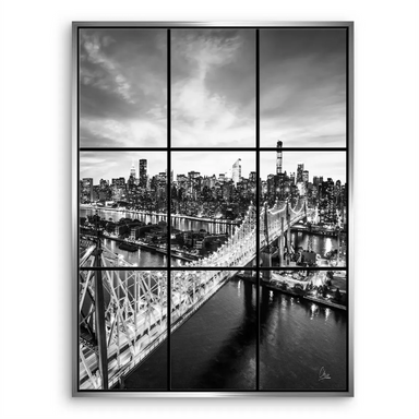 Multi-panel canvas depicting a night scene of city lights and a prominent bridge against a dark sky.