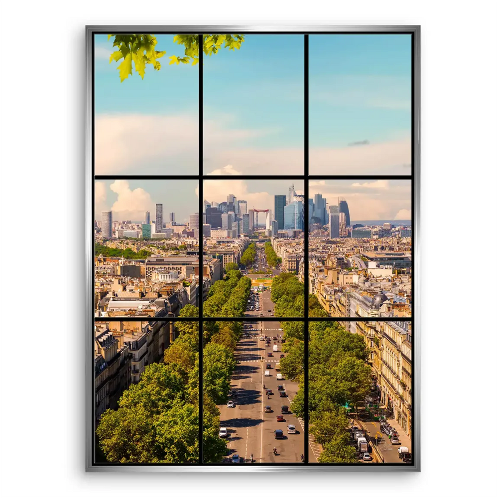 Window-framed view of Parisian streets bathed in daylight, suggesting travel and urban sophistication.