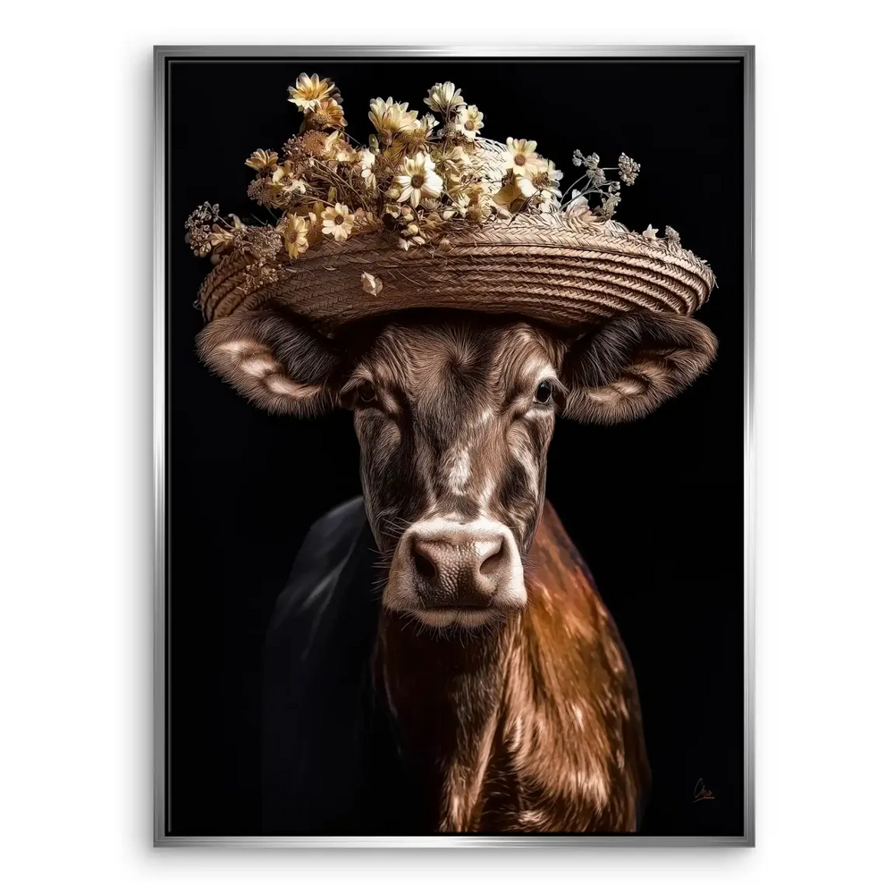Cow with Straw Hat Canvas Wall Art - Rustic Farmhouse Decor - Image 7
