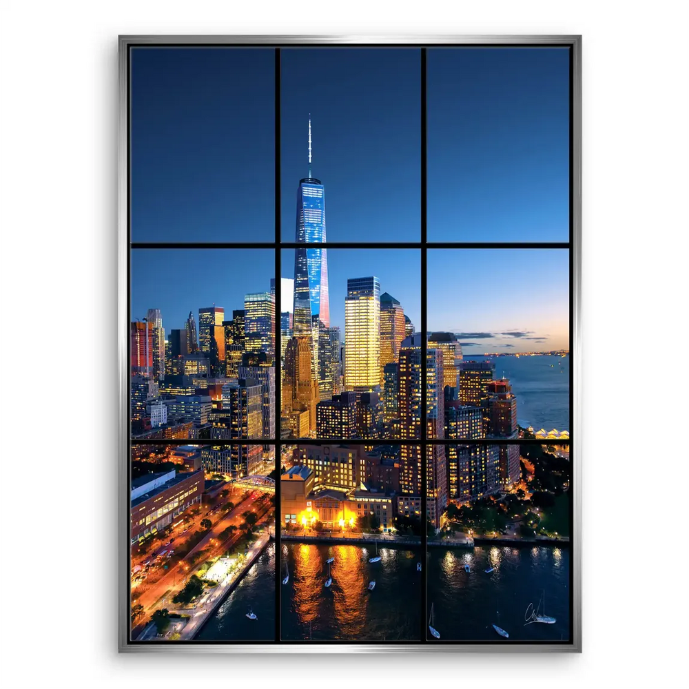 Evening cityscape of New York with shimmering lights along the river and a contemporary canvas presentation.