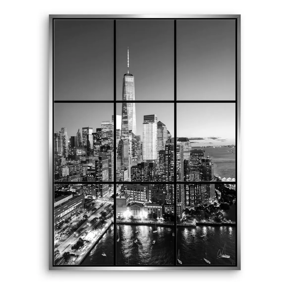 Series of city panels with moody night ambiance and shimmering reflections.