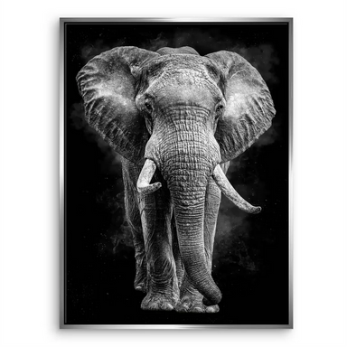 Dramatic monochrome elephant canvas wall art with smoky dark backdrop