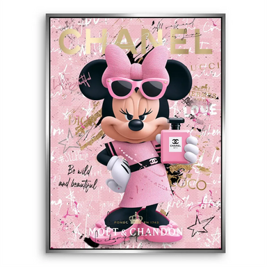 Colorful Minnie Mouse wall art with Chanel-inspired perfume bottle and sunglasses.