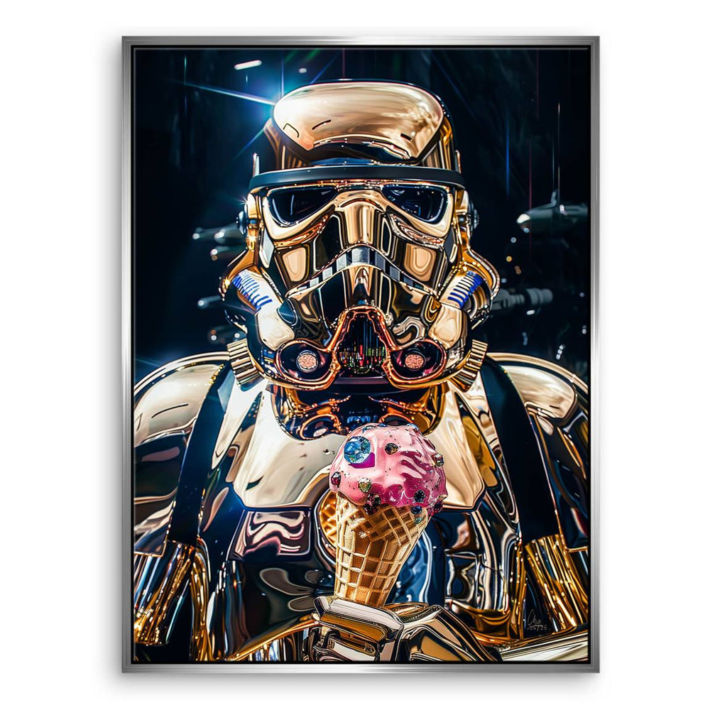 Portrait-focused Stormtrooper artwork with pink ice cream against deep blacks and blues.