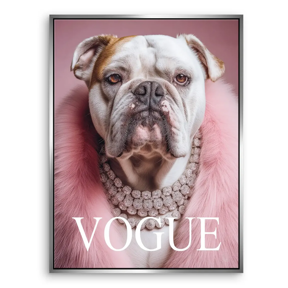 Vogue-themed bulldog canvas art with bold typography and glamorous composition
