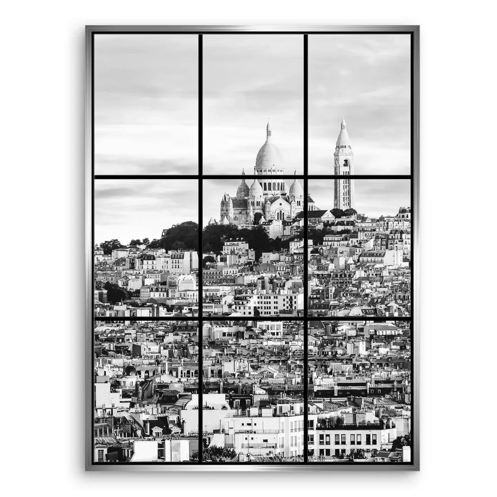 Calm urban Paris scene in grayscale suitable for minimalist interiors.
