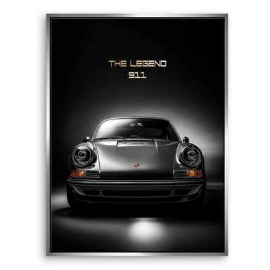 High-contrast wall art featuring a classic Porsche 911 from a symmetrical front angle