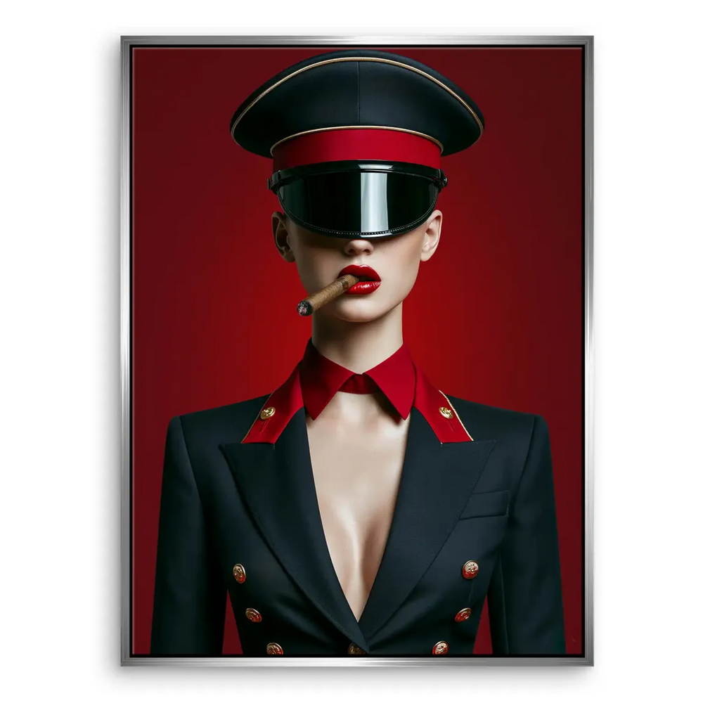 Front view of a stylish female portrait on a red backdrop for contemporary decor.
