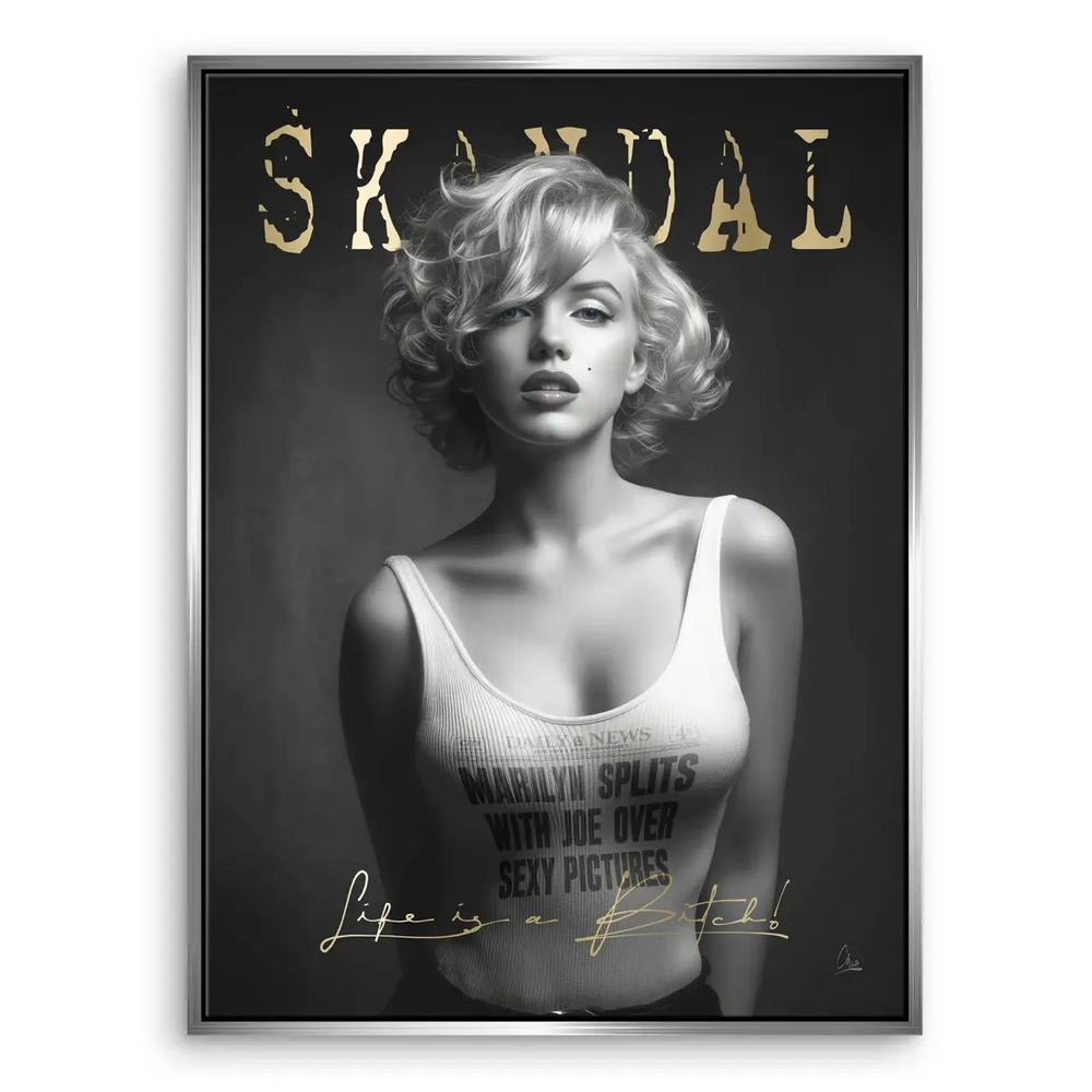 Bold black-and-white composition blending vintage Hollywood glamour with modern pop art flair.