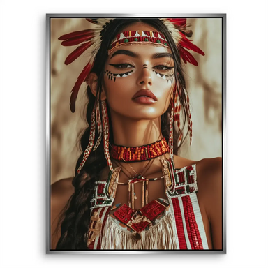 Detailed canvas wall art of an Indigenous woman with a calm, direct gaze.