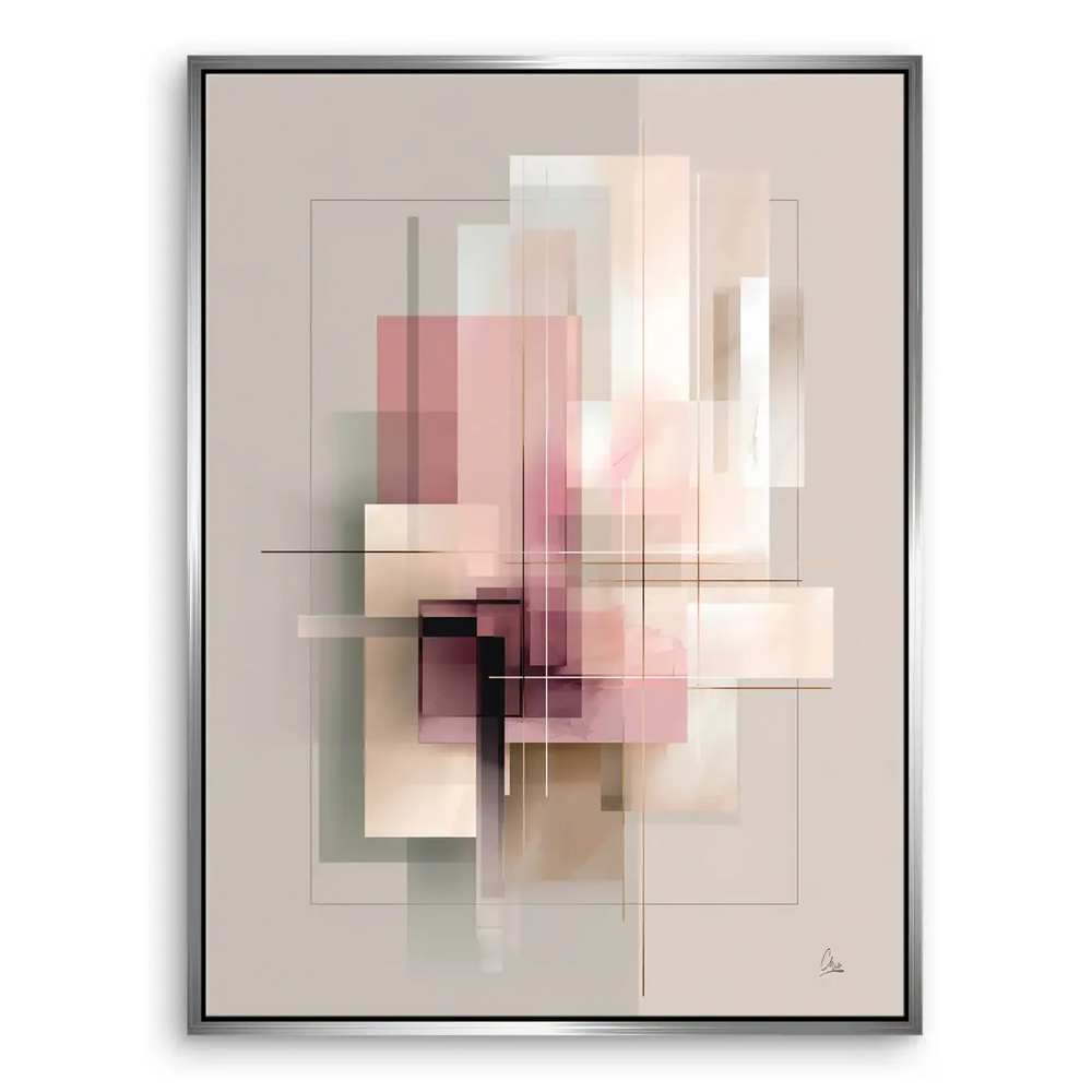 Geometric abstraction with plum accents and subtle line work on a neutral canvas.