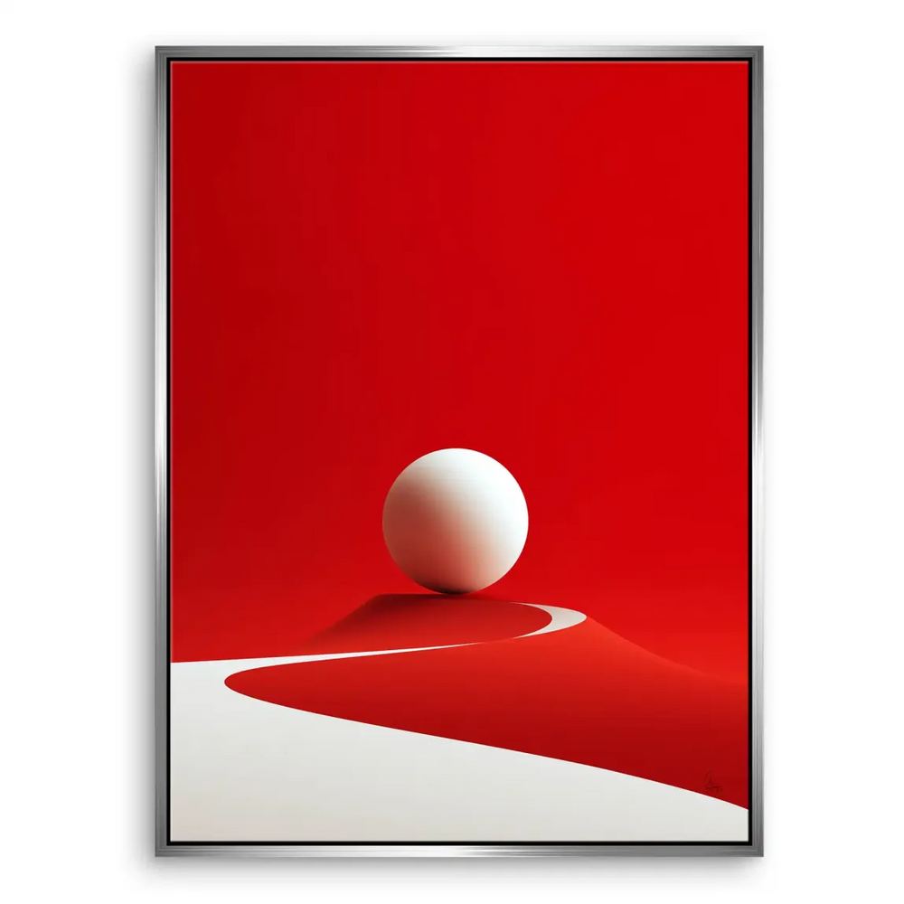 Red-and-white abstract wall art with clean lines and negative space