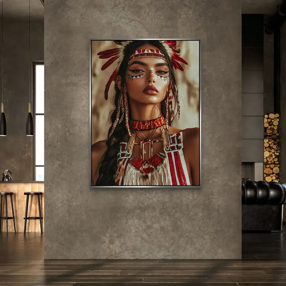 Painterly realism of Indigenous woman with elaborate attire against a warm palette.