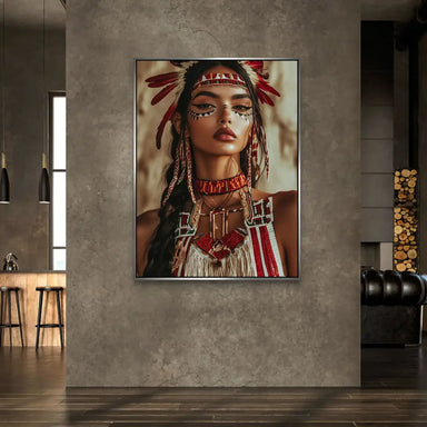 Painterly realism of Indigenous woman with elaborate attire against a warm palette.
